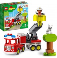 LEGO 10969 DUPLO Town Autopompa, Camion Giocattolo dei Pompieri con Luci e Sirena, Figure di Vigile del Fuoco e Gatto, Giochi per Bambini dai 2 anni